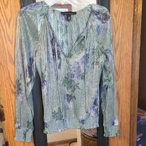 White House Black Market Metallic Green & Blue Floral Blouse